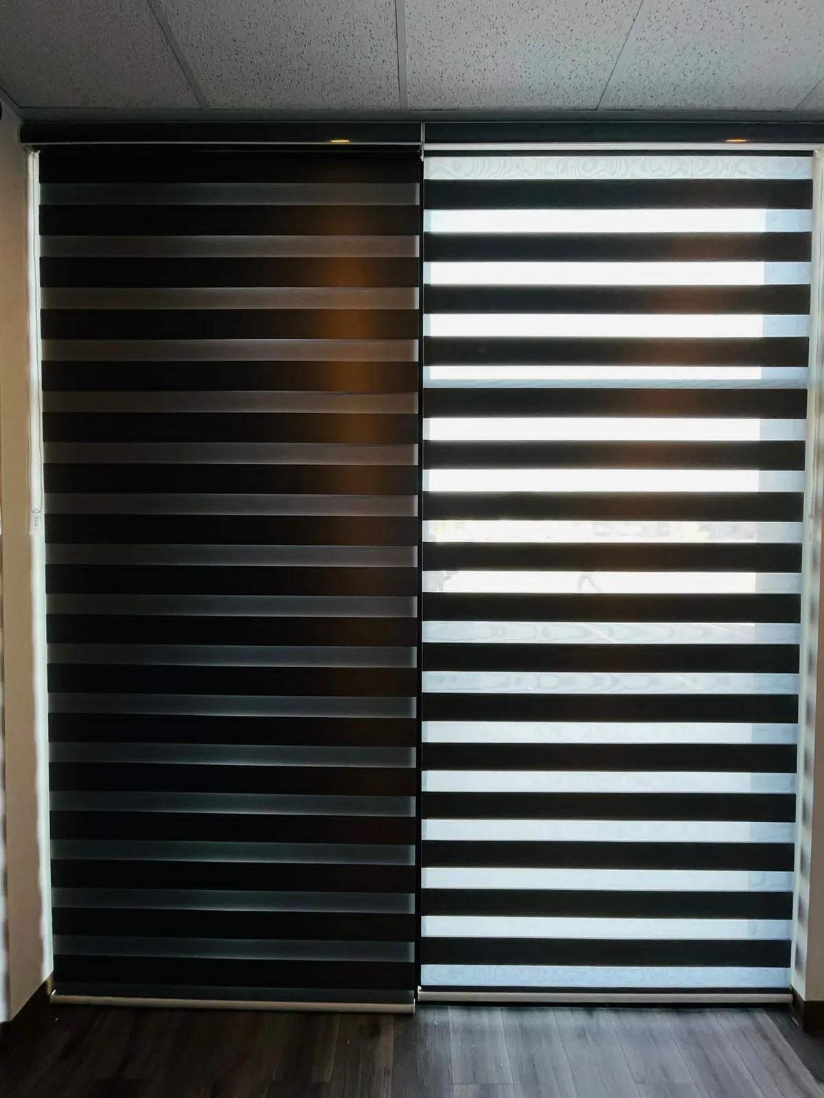 Two-piece black zebra blinds with independent light and privacy control on a patio door
