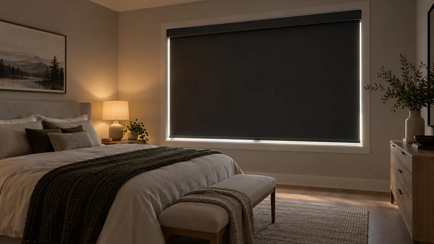 Illustrative custom blackout roller blind installed in an Edmonton bedroom
